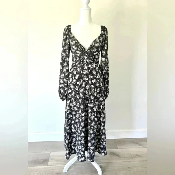 Lulu's Found Your Bliss Black Print Long Sleeve Lace-Up Midi Dress Size Small - Picture 3 of 15